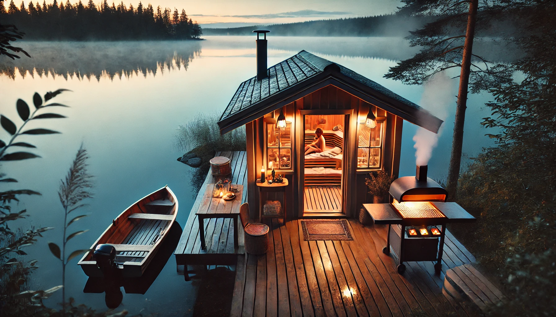 DALL·E 2024-06-26 22.09.19 - An intimate and relaxing scene of a sauna located offshore a small, serene lake. The sauna has soft, warm lights emanating from within, and you can se.webp